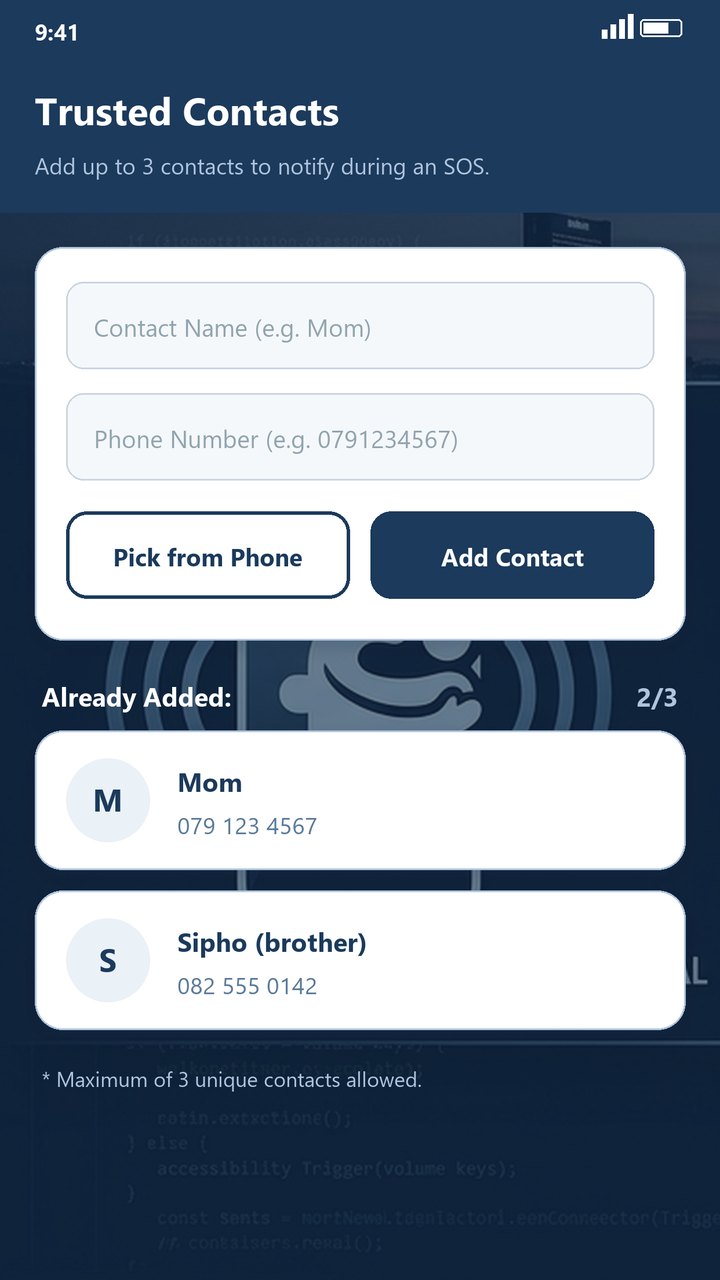 Choosing up to three trusted contacts in findME