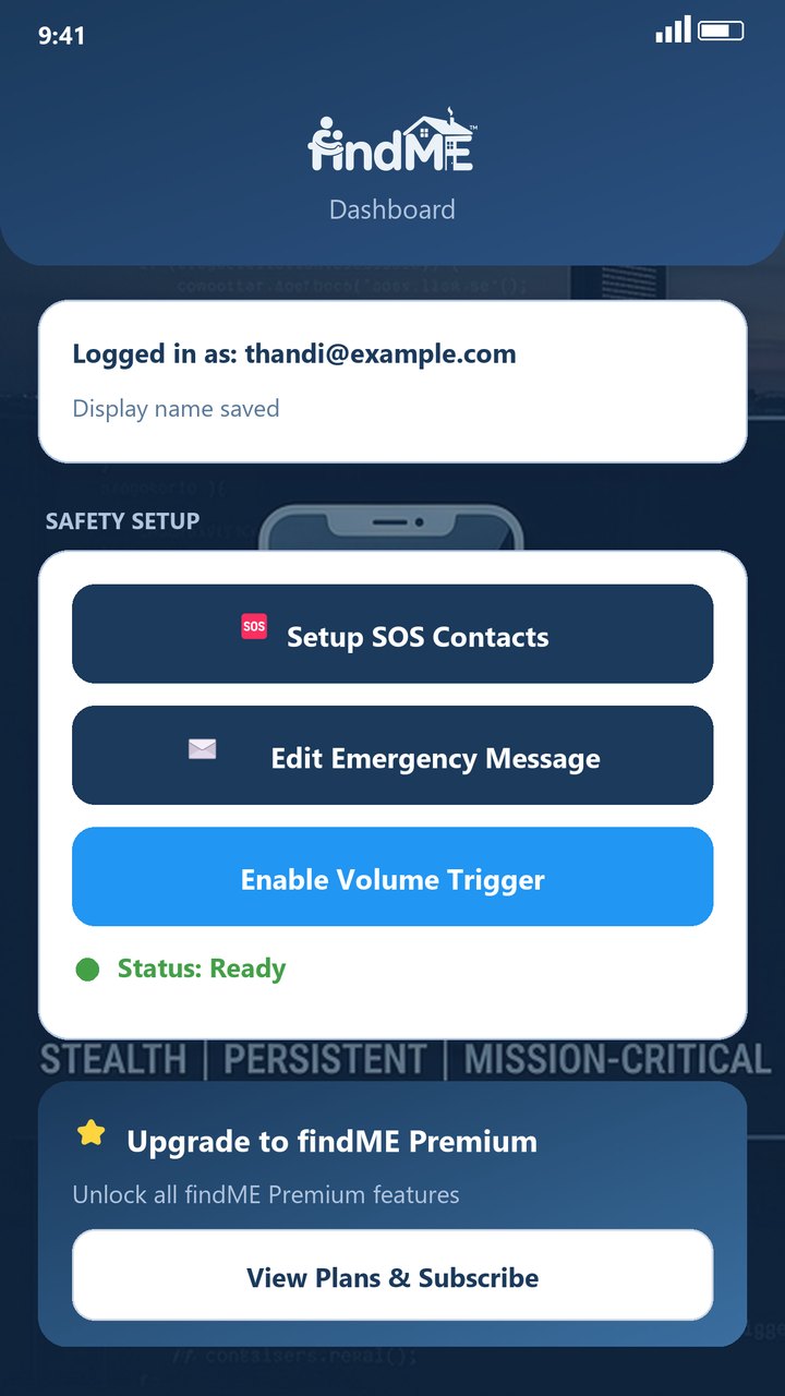 The findME dashboard with the SOS trigger ready